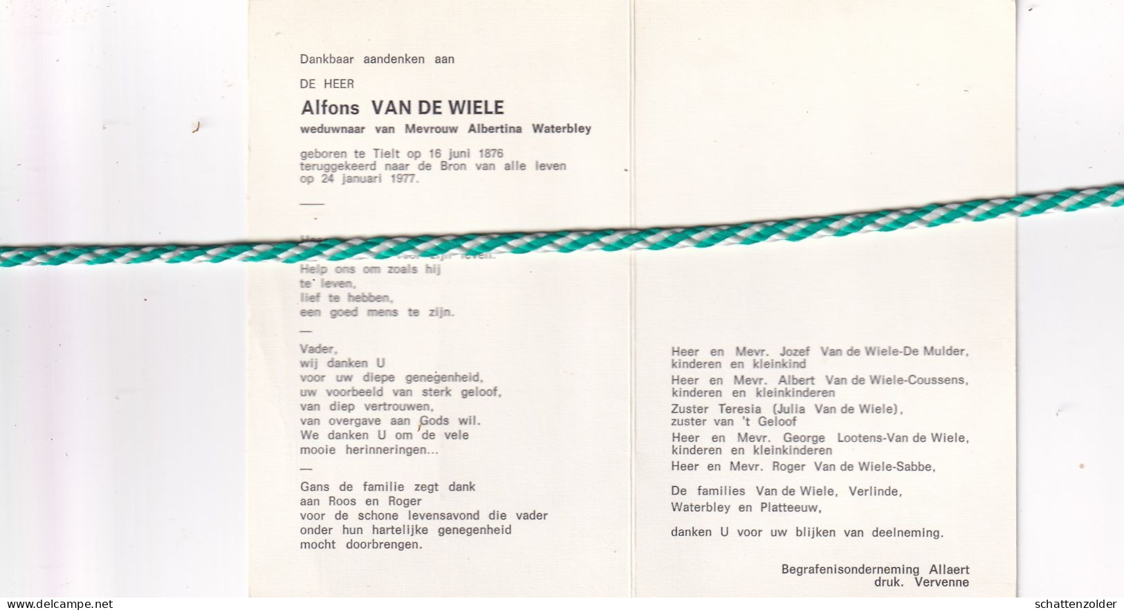 Alfons Van De Wiele-Waterbley, Tielt 1876, 1977 - Overlijden