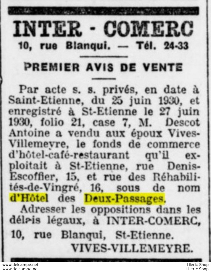 [42]  SAINT-ETIENNE - Carte-Photo "Hôtel Des Deux Passages" 15 Rue Denis Escoffier - Éditeur L. Péjoux ( ͡◕ ͜ʖ ͡◕) ♦ - Saint Etienne