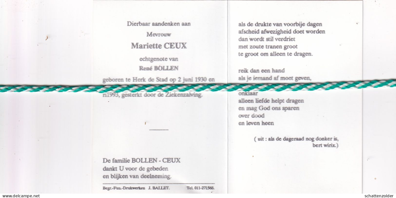 Mariette Ceux-Bollen, Herk De Stad 1930, 1993. Foto - Obituary Notices
