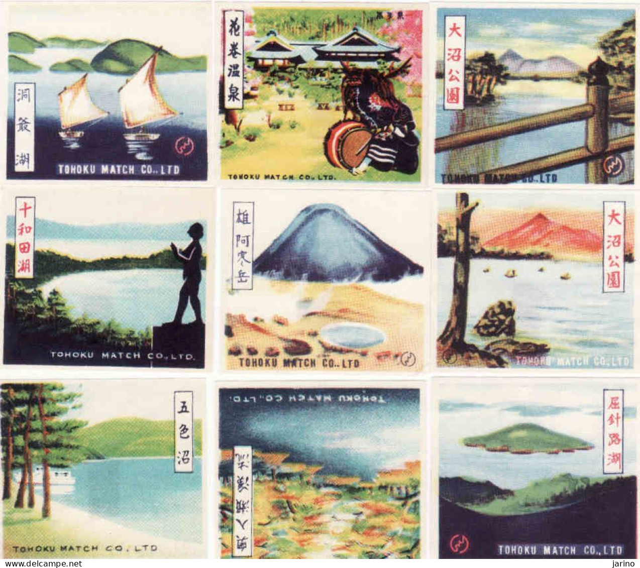 Japan Matchbox Labels, Country, Nature, Mountains, 9 X TOHOKU MATCH CO. LTD - Matchbox Labels