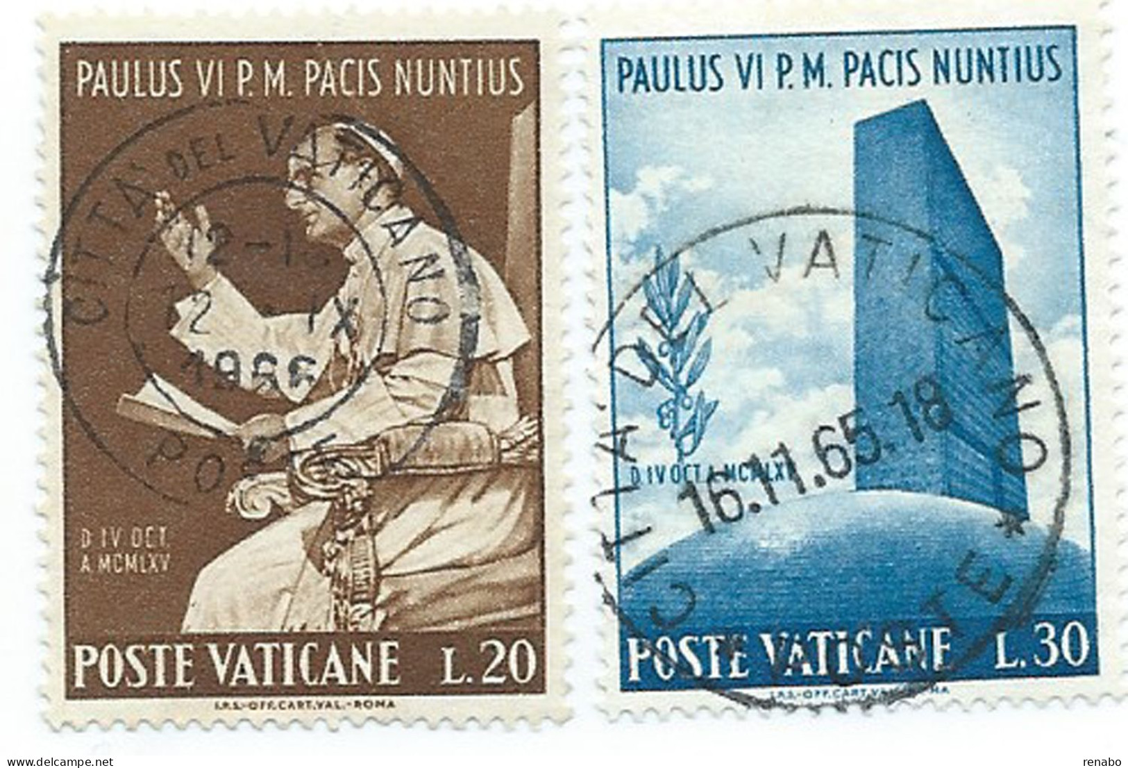 Vaticano 1965; Paolo VI All' ONU: L. 20 + L. 30 Con Timbro Centrale. - Usati