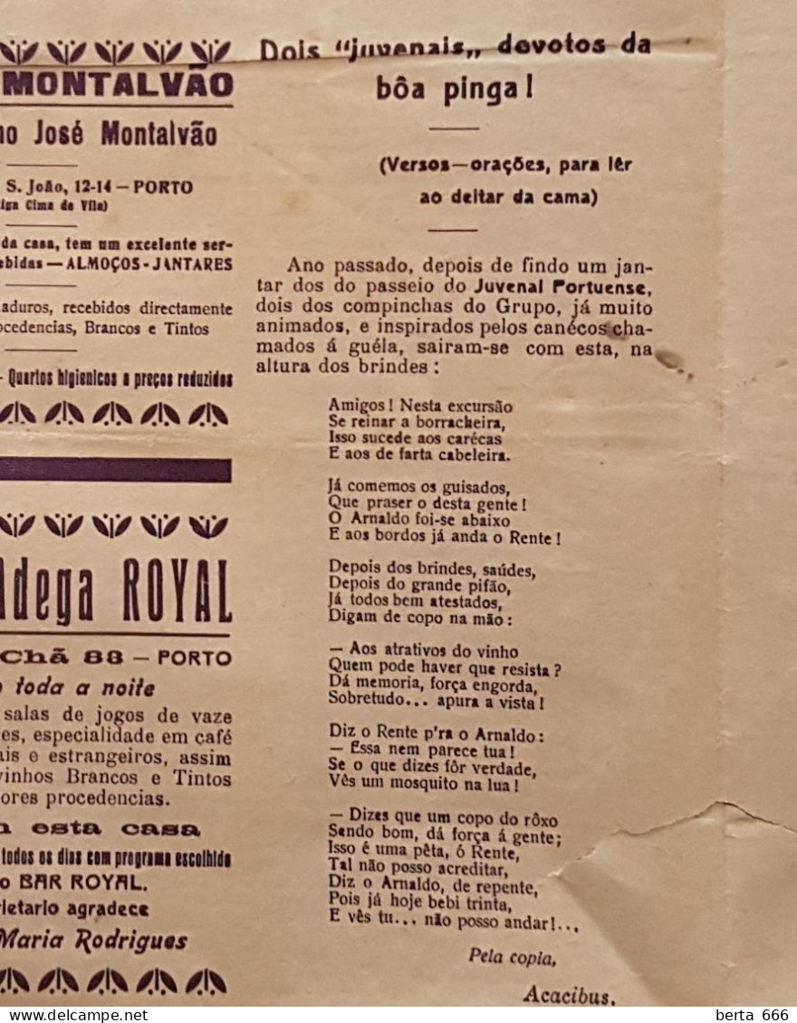Jornal JUVENAL PORTUENSE * Número Único * Porto 1933 - Informaciones Generales