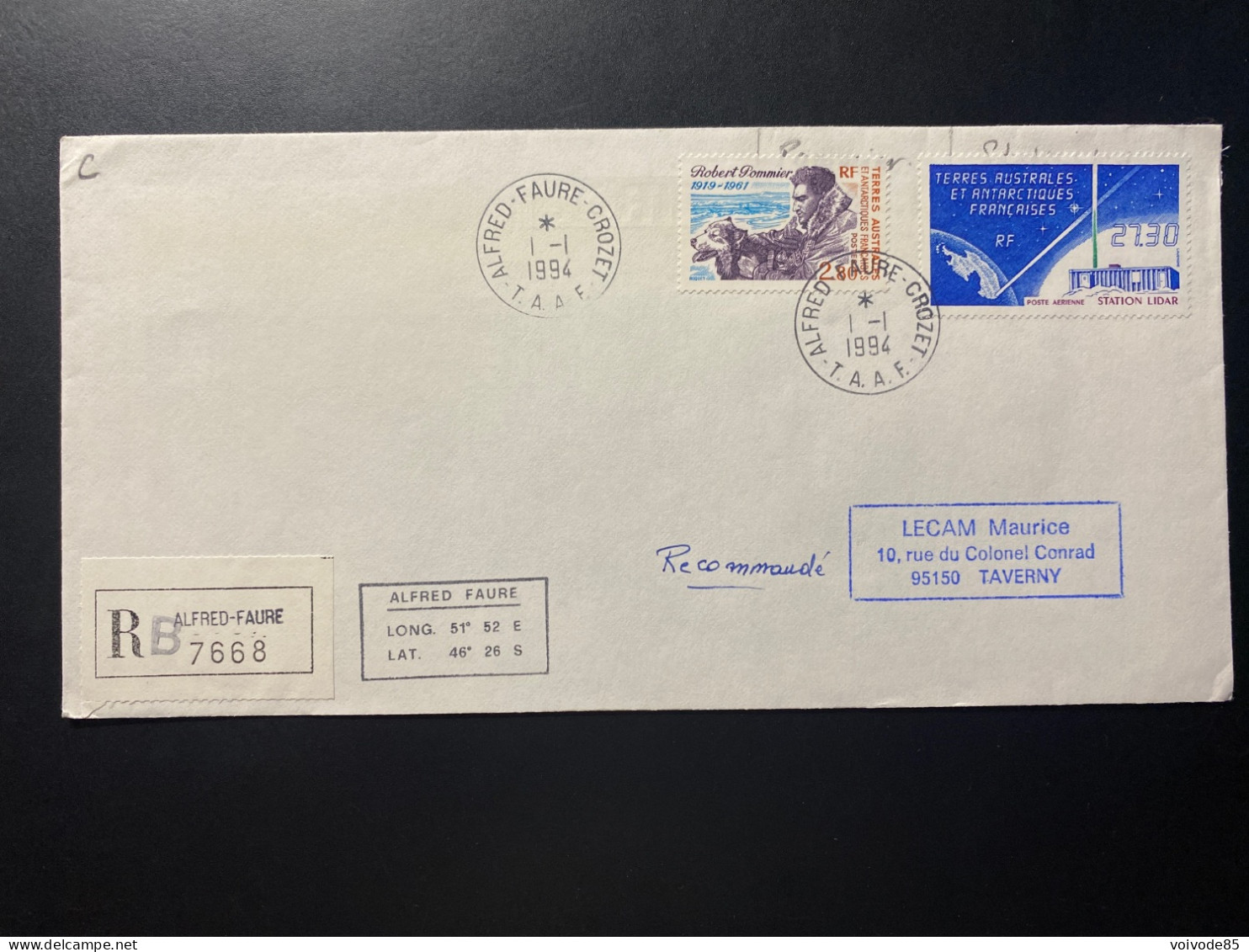 Lettre "TAAF" - 01/01/1994 - 188 - PA132 - TAAF - Crozet - Robert Pommier - Station Lidar - CNES - Cartas & Documentos