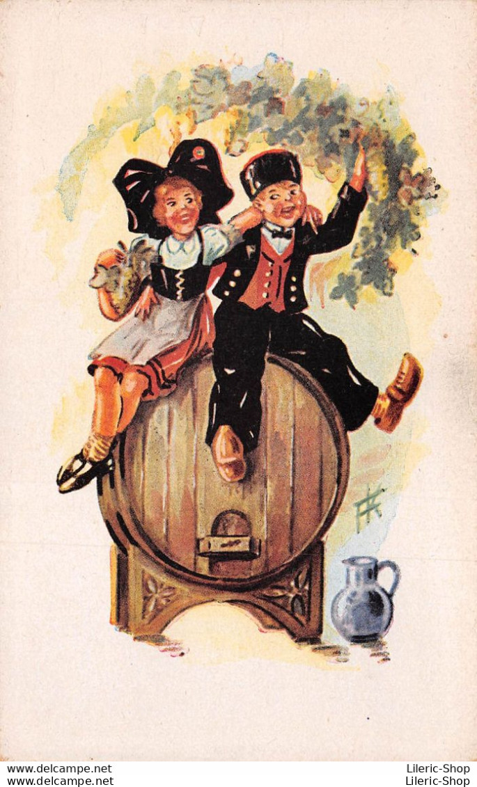 ILLUSTRATEUR FK - Couple D'enfants Alsaciens Sur Un Tonneau De Vin N°307 Edition ALWY Cpsm ± 1950 ( ͡♥ ͜ʖ ͡♥) ♥ - Other & Unclassified