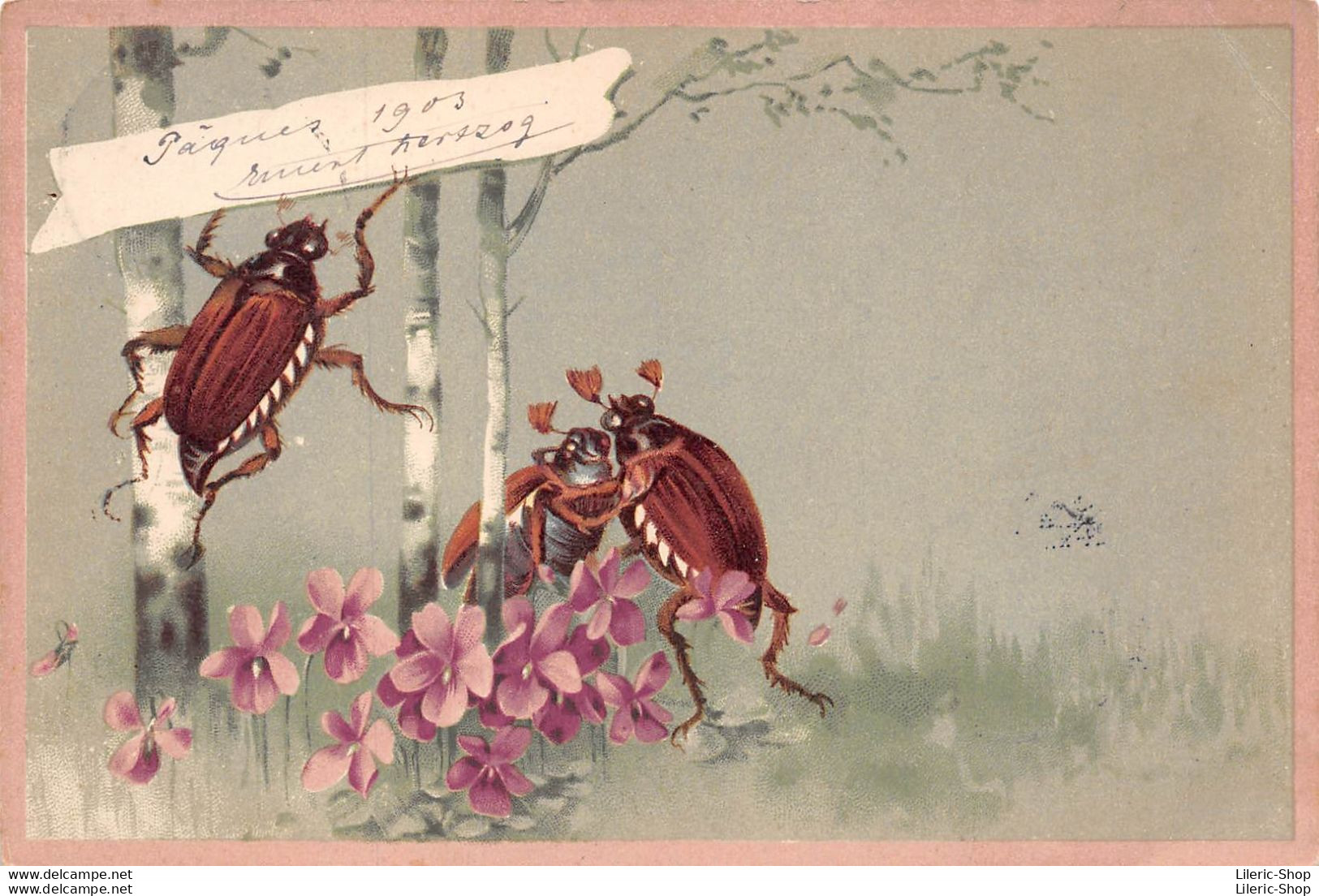 Joyeuses Pâques Avec Hannetons Et Fleurs Cpa 1903 ( ͡◕ ͜ʖ ͡◕) ♦ - Easter