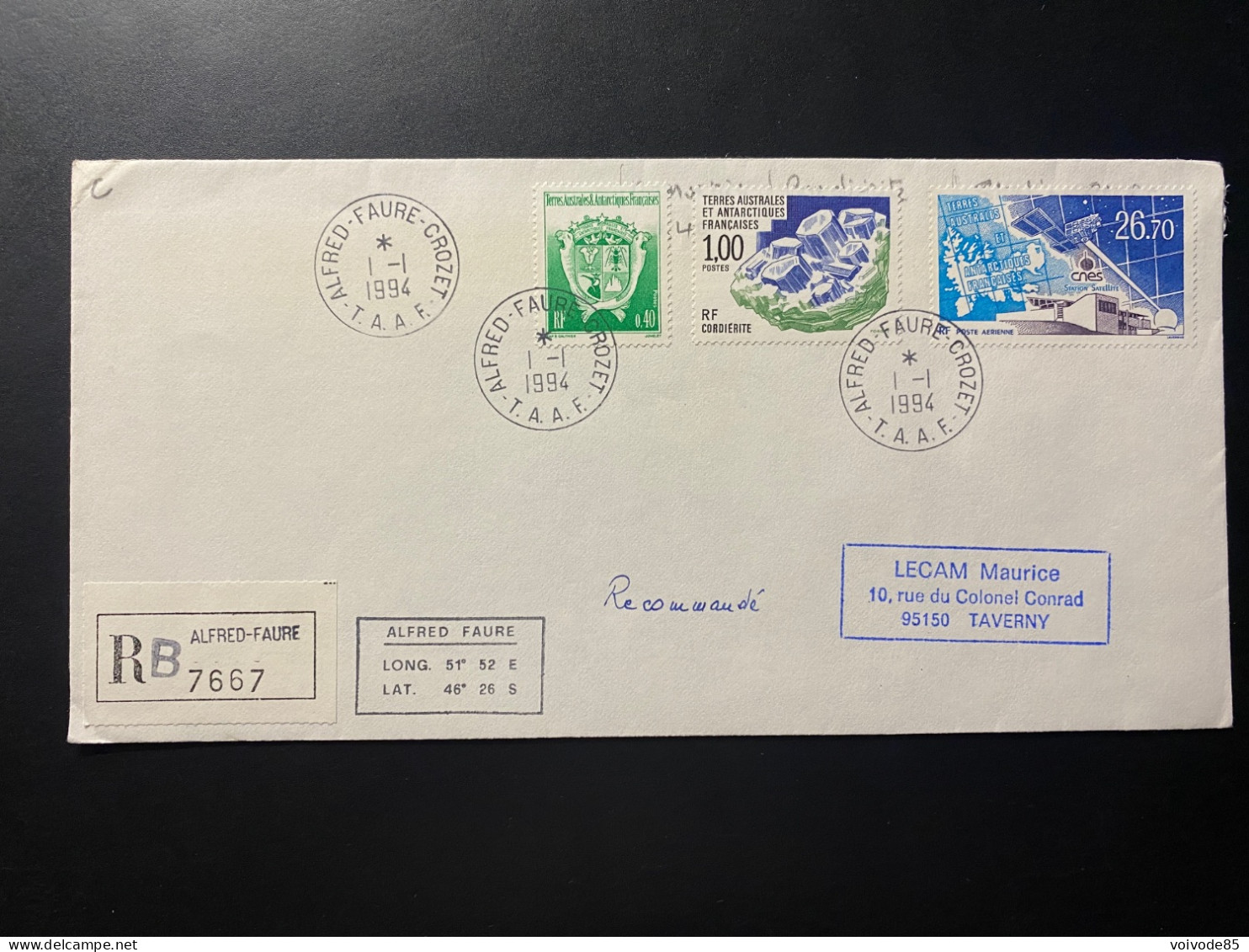 Lettre "TAAF" - 01/01/1994 - 184 - 185 - PA131 - TAAF - Crozet - Station Satellite Du CNES - Covers & Documents