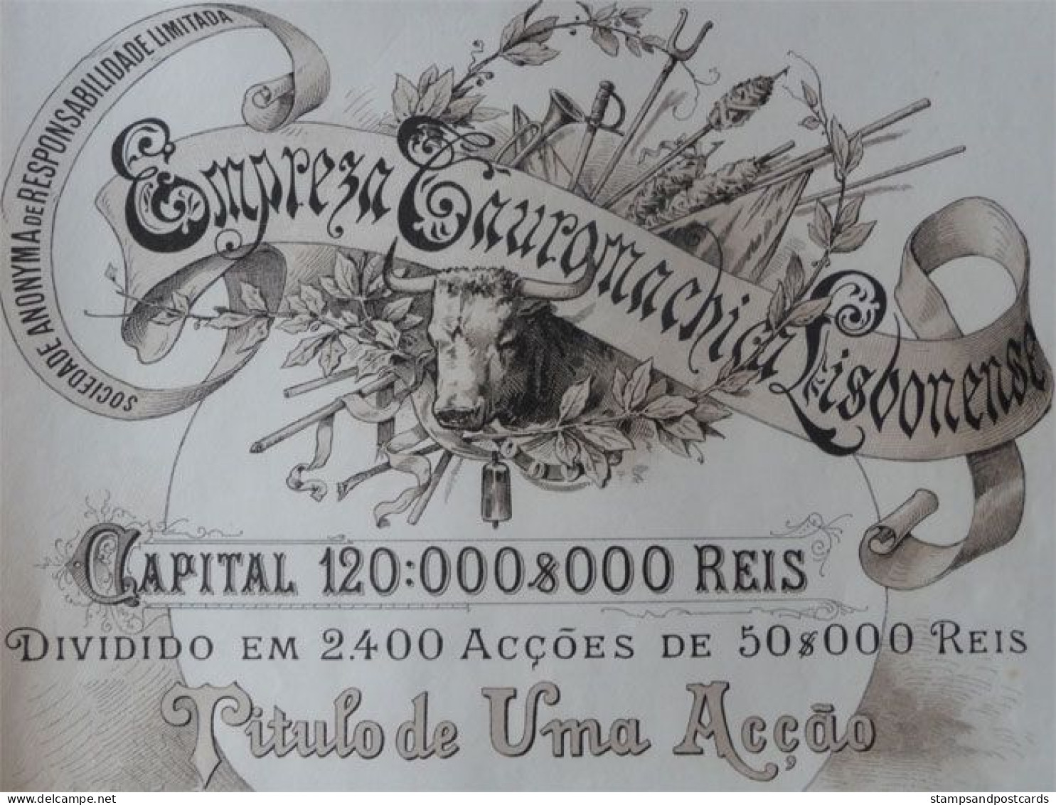Action Empreza Tauromachica Lisbonense Corrida Arène Taureau Portugal C. 1890 Stock Certificate Bullfight Arena Bull - Other & Unclassified
