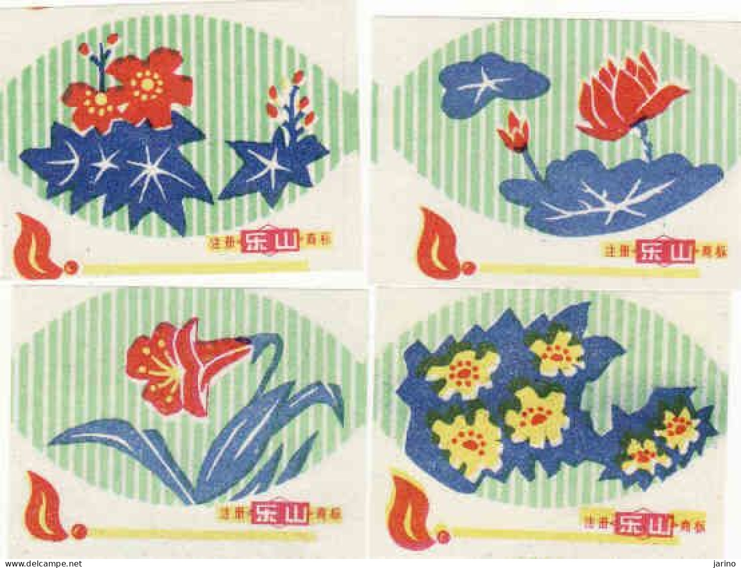 Japan Matchbox Labels, 4 X Flowers, Flora - Luciferdozen - Etiketten