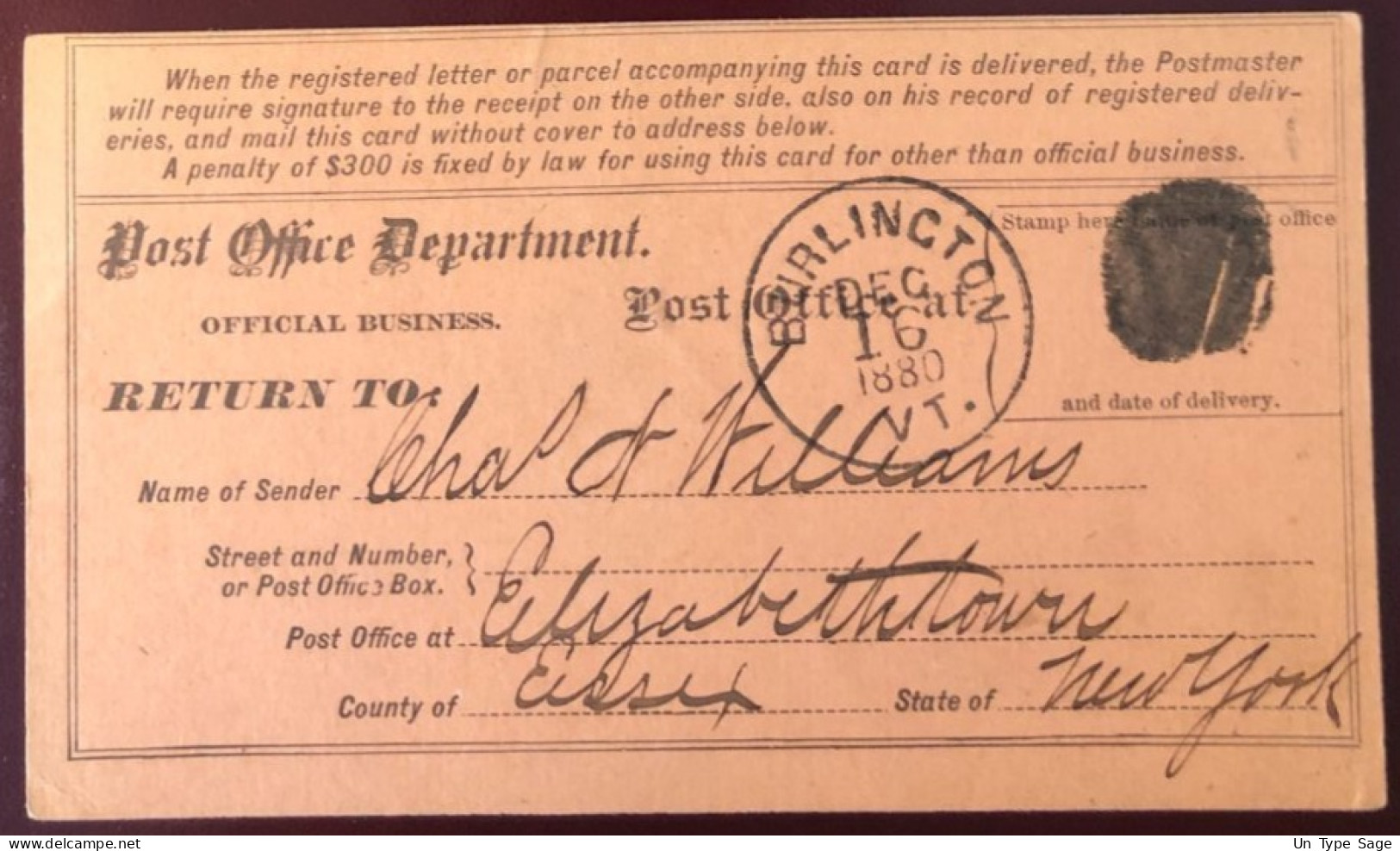 Etats-Unis,  Carte Post Office Department De BURLINGTON, VT. 16.12.1880 Pour New-York - (B1606) - Marcofilia