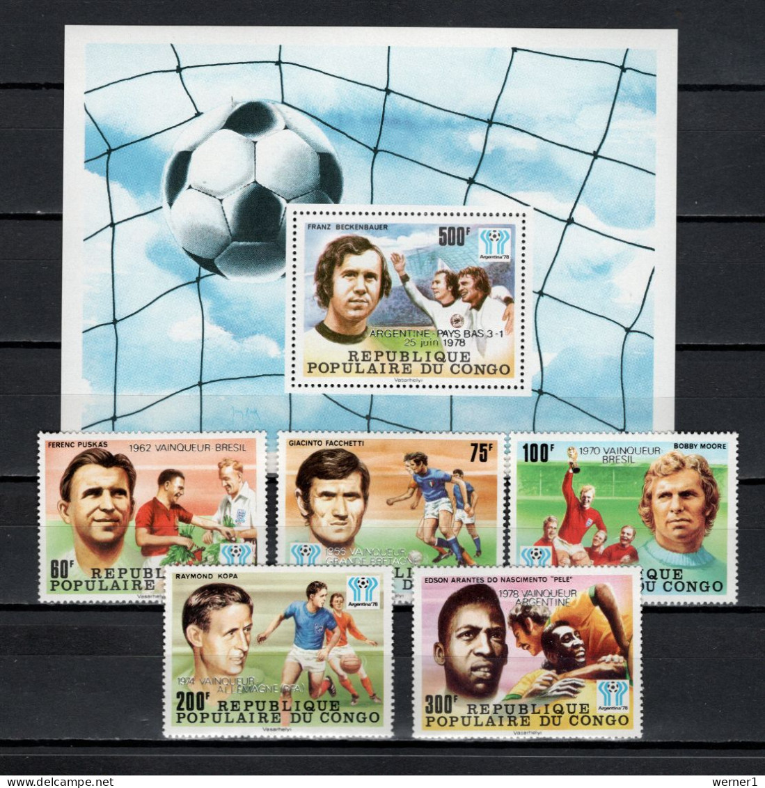 Congo 1978 Football Soccer World Cup Set Of 5 + S/s With Winners Overprint In Silver MNH - 1978 – Argentine