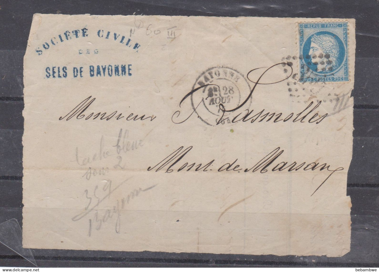 Ceres 25c Bleu Variété  Cadre Bleu Sous 2 Tampon 359 Bayonne - 1849-1850 Ceres