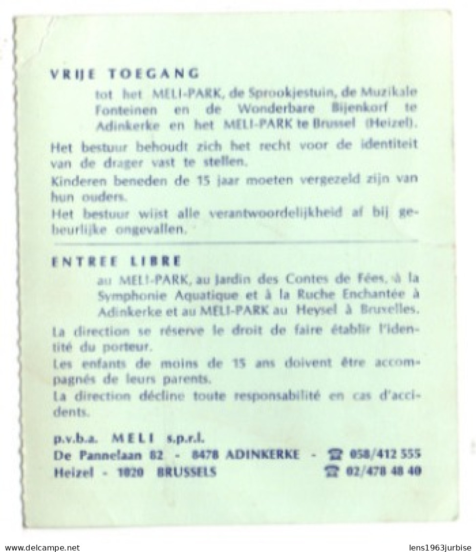 MELI - PARK ( 1974 )  Adinkerke - De Panne - Tickets D'entrée