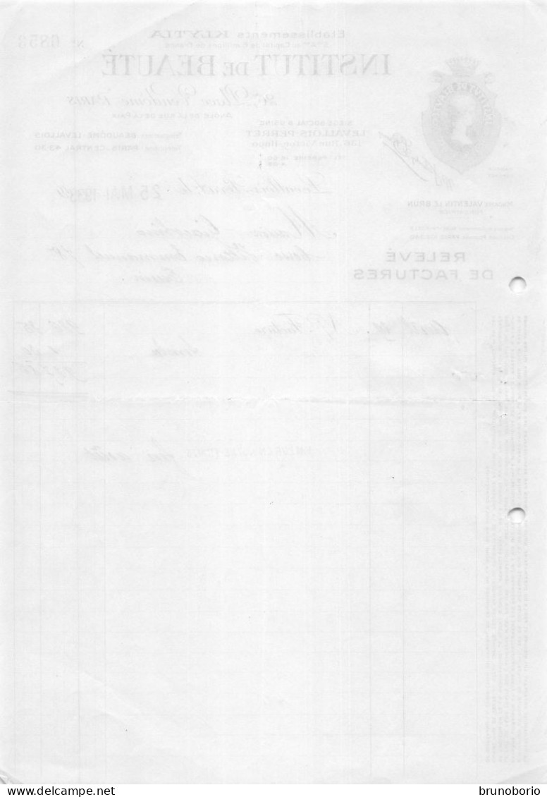 00150  "ETABLISSEMENTS KLYTIA - INSTITUT DE BEAUTÉ - PARIS 25 MAGGIO 1933-N. 6853 - VALENTIN LE BRUN FOND" FATTURA  ORIG - 1900 – 1949
