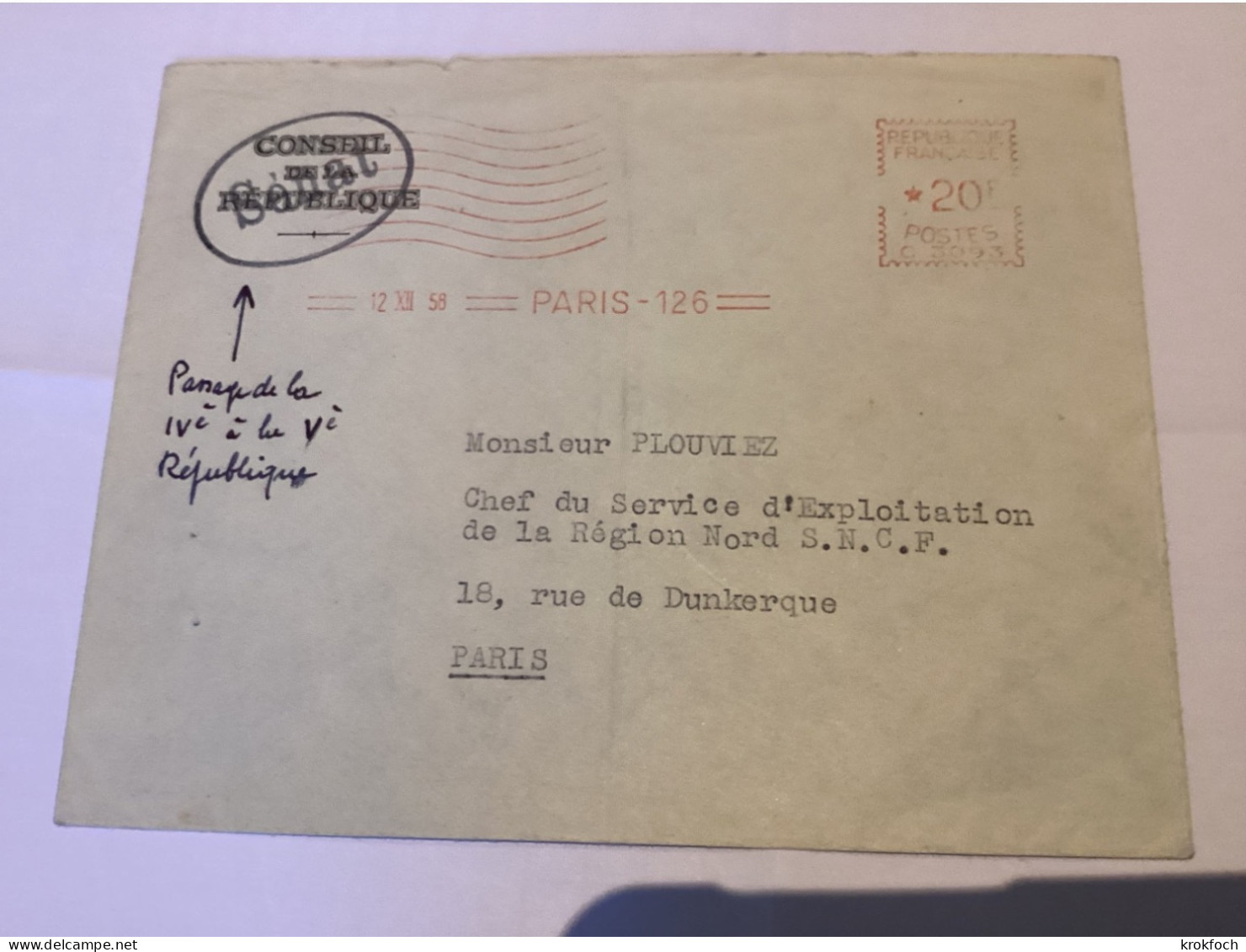 Paris 126 - 12.1958 - Conseil De La République Surchargé Sénat - Passage IVéme à Véme République - Freistempel