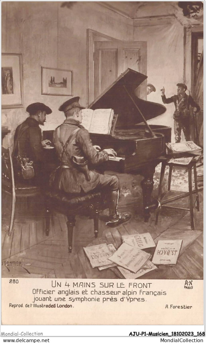 AJUP1-0085 - MUSICIEN - Un 4 Mains Sur Le Front - Officier Anglais Et Chasseur Alpin Français Jouant Une Symphonie Ypres - Musique Et Musiciens