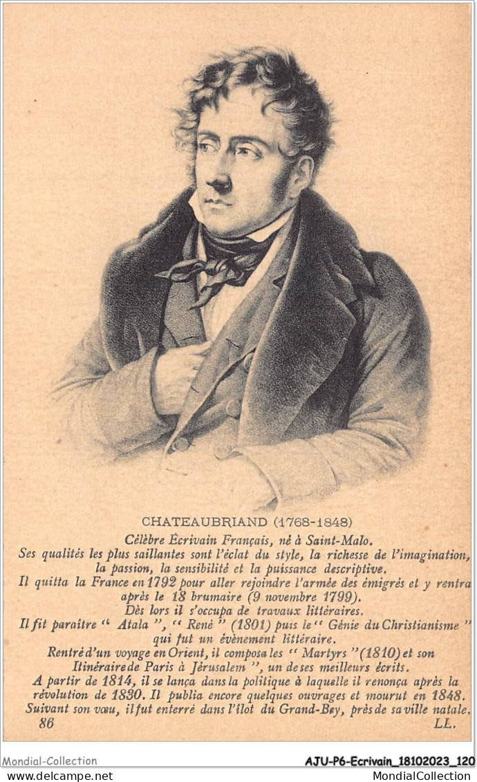 AJUP6-0511 - ECRIVAIN - CHATEAUBRIAND - 1768-1848 - Célèbre écrivain Français - Né à Saint-malo  - Ecrivains