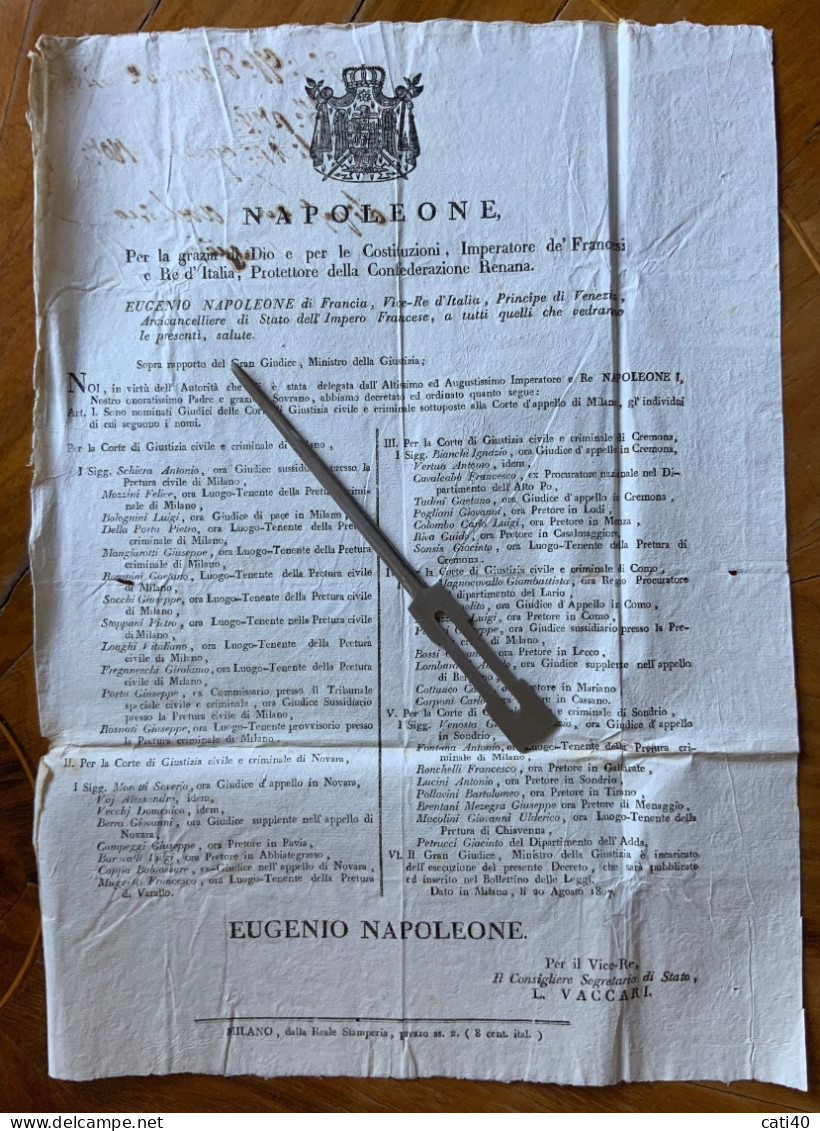 NAPOLEONE - MANIFESTO (30x40) 20/8/1807 - ELENCO DEI GIUDICI DELLA CORTE DI GIUSTIZIA MILANO,NOVARA,CREMONA.COMO,ecc.. - Historical Documents