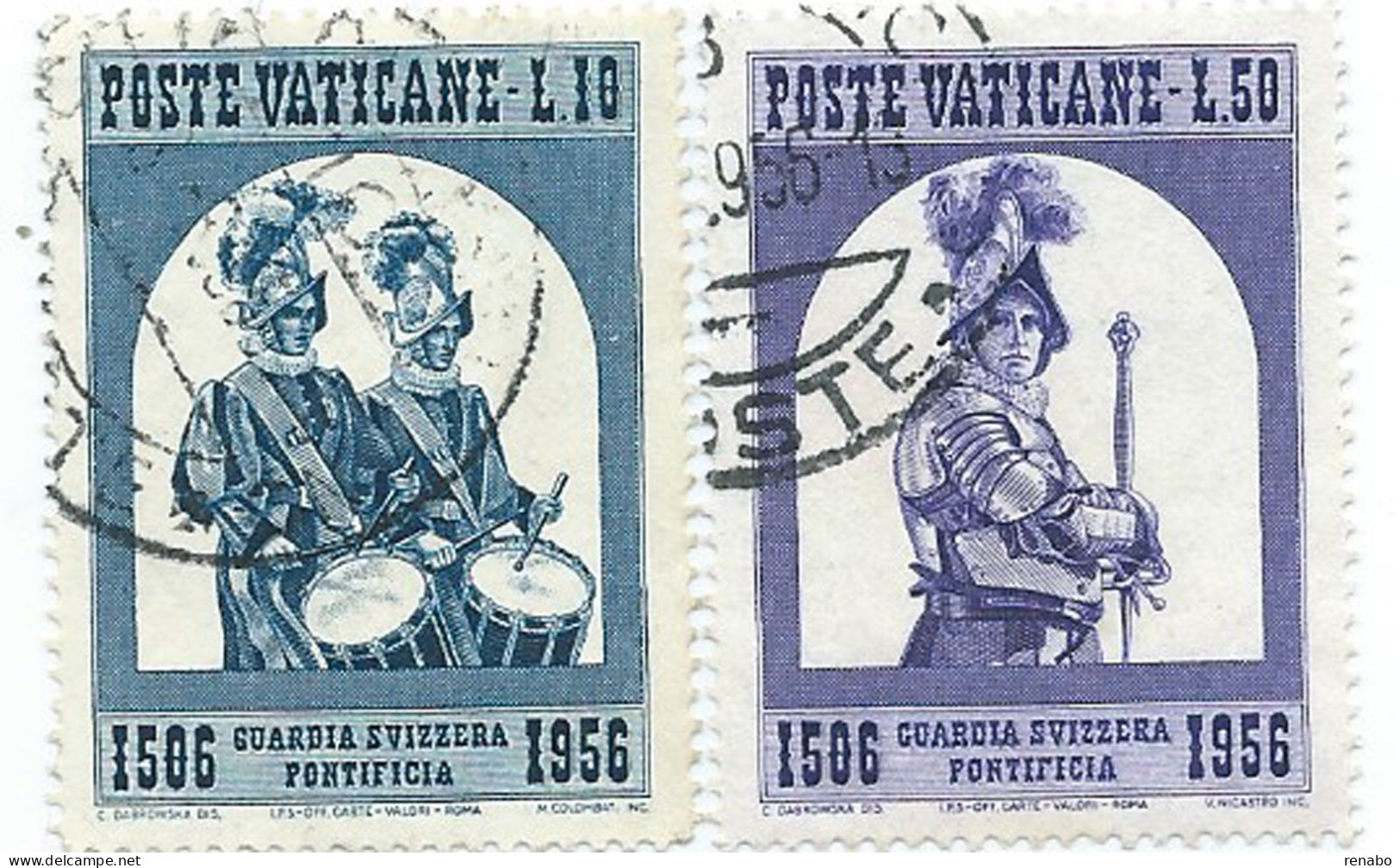 Vaticano 1956; Istituzione Della Guardia Svizzera ,450Th Swiss Guard : L. 10 + L. 50, Used. - Gebruikt