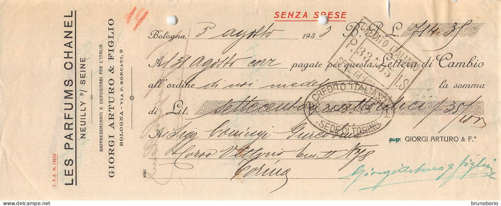 00152 "LES PARFUMS CHANEL-NEUILLY.SUR SEINE - GIORGI ARTURO & FIGLIO-BOLOGNA-CREDITO ITAL-TORINO 1937" CAMBIALE ORIG - Lettres De Change