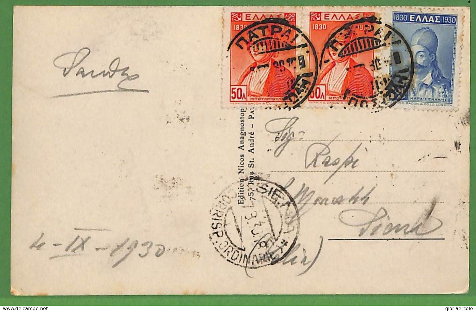 Ad0918 - GREECE - Postal History -  POSTCARD Patras To ITALY 1930 - Lettres & Documents