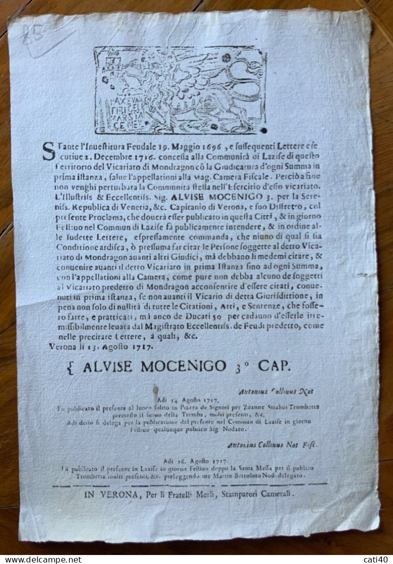 REPUBBLICA DI VENEZIA - VERONA 13/8/1717 - LAZISE ,VICARIATO DI MONDRAGON, ...ALVICE MOCENICO ...., - Historical Documents