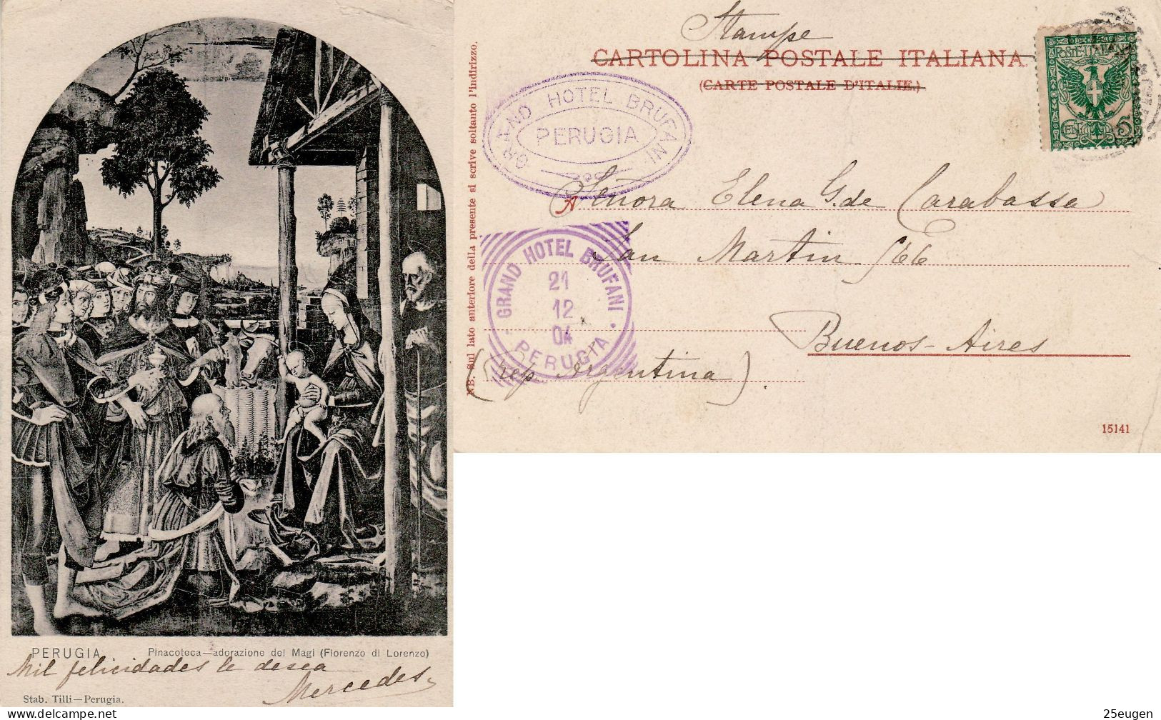 ITALY 1904 POSTCARD SENT FROM PERUGIA TO BUENOS AIRES - Marcophilie