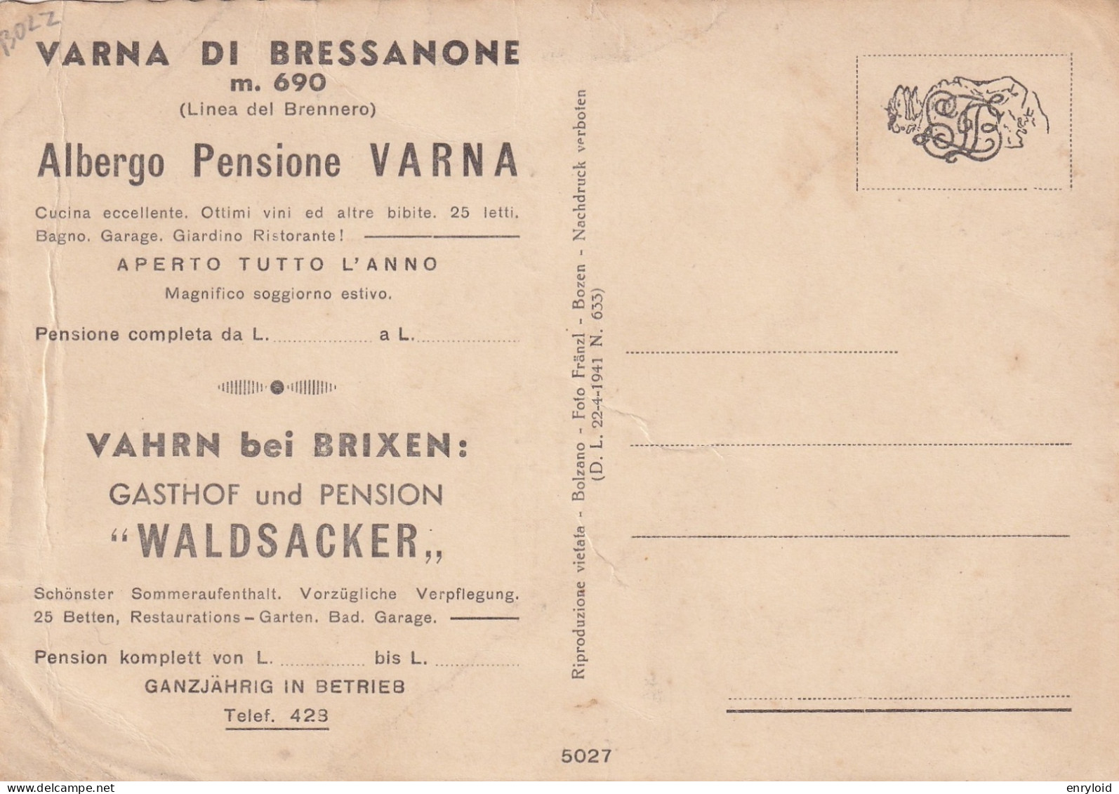 Varna Di Bressanone - Ferrovia Del Brennero  Vahrn Bei Brixen Albergo Pensione Varna  Pubblicitaria - Altri & Non Classificati