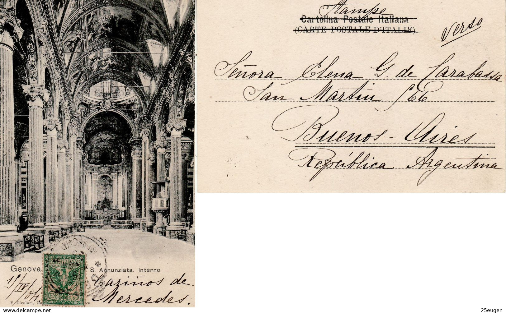 ITALY 1904 POSTCARD SENT FROM GENOVA TO BUENOS AIRES - Marcophilia