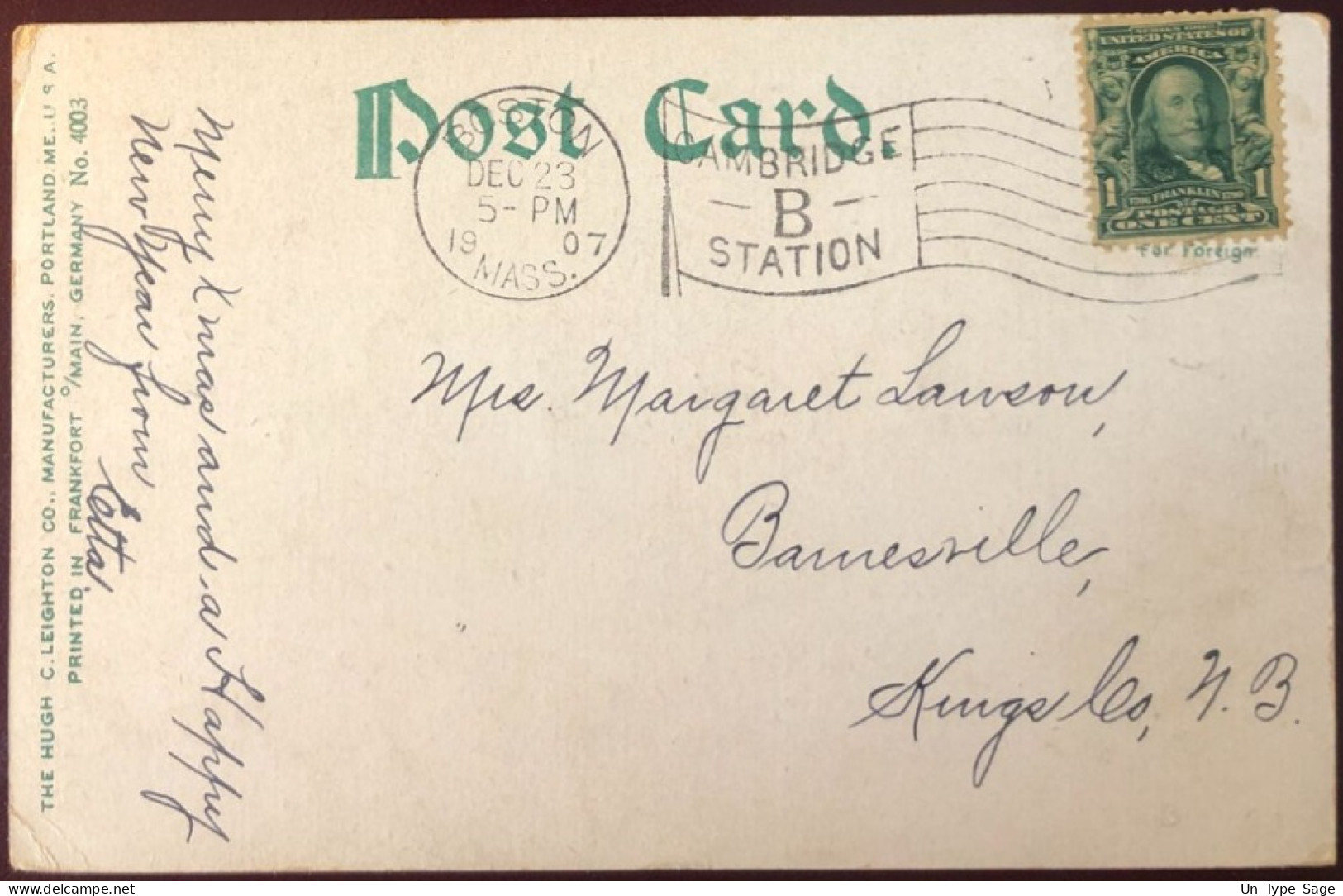 Etats-Unis,  Divers Sur Carte, Cachet Boston, MASS 23.12.1907 / CAMBRIDGE B STATION - (B1642) - Marcofilie