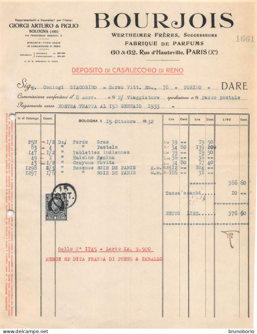 00154 "PROFUMERIE BOURJOIS-PARIS - GIORGI ARTURO & FIGLIO-BOLOGNA-FATTURA 15 OTTOBRE 1932" FATTURA ORIG - 1900 – 1949