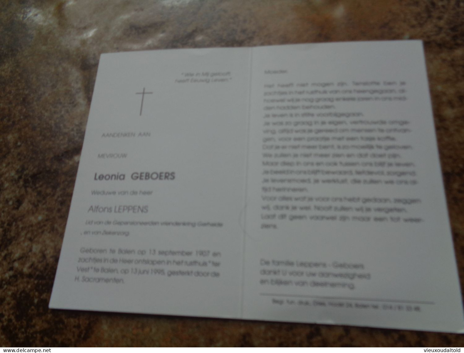 Doodsprentje/Bidprentje   Leonia GEBOERS   Balen 1907-1995  (Wwe Alfons LEPPENS) - Godsdienst & Esoterisme