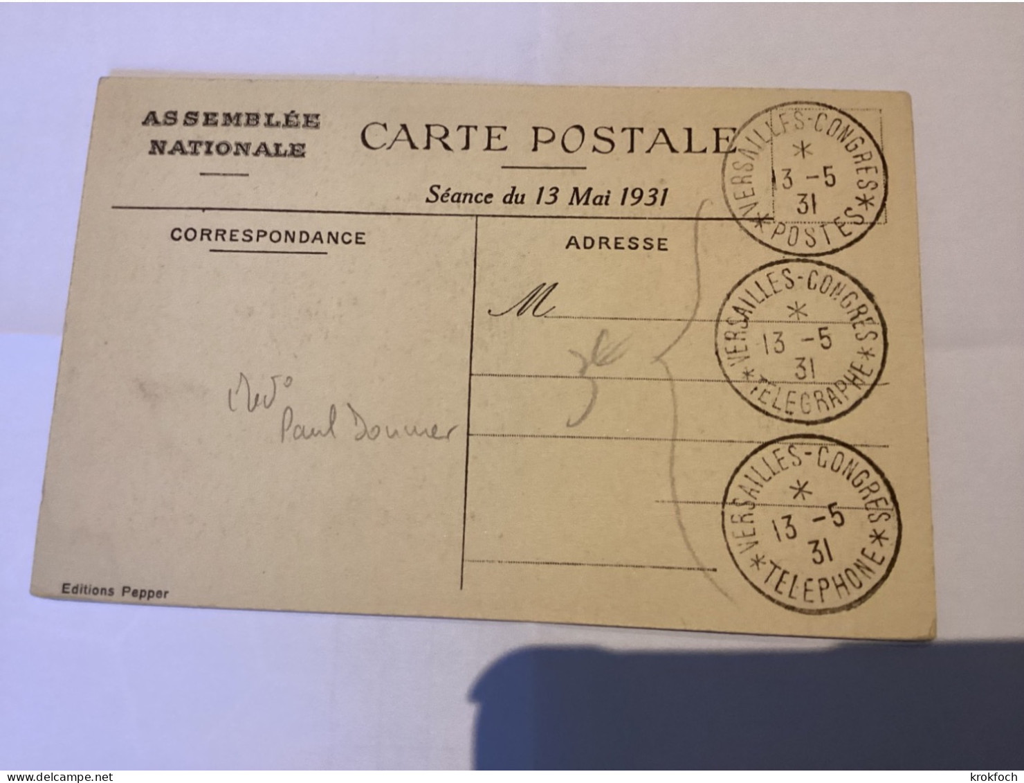 Versailles Congrès Téléphone - 13.5.1931 - Élection Pdt Doumer - Parlement Assemblée Nationale & Sénat - 1921-1960: Periodo Moderno