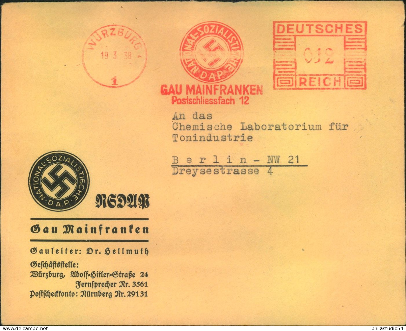 1938, Fernbrief Vom "Gau Mainfranken" Mit Absenderfreistempel Von WÜRZBURG - Briefe U. Dokumente