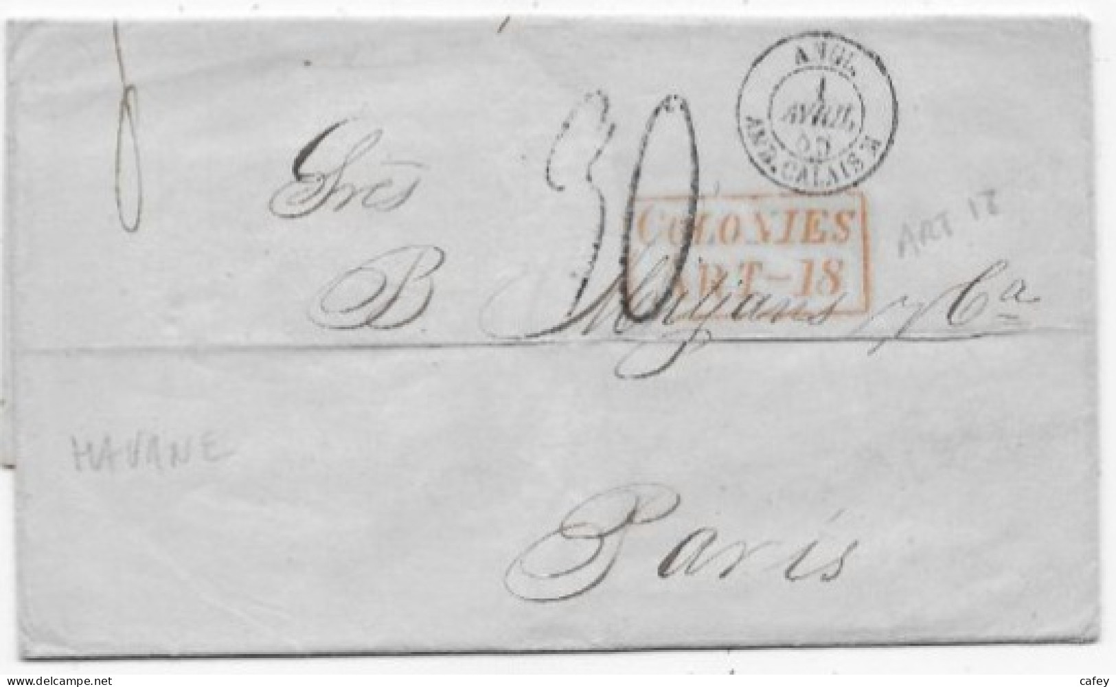 CUBA Lettre De LA HAVANE 1856 P/ PARIS Cachet COLONIES / ART-18 Taxe 30 Entrée ANGL. / AMB.CALAIS M - Maritime Post