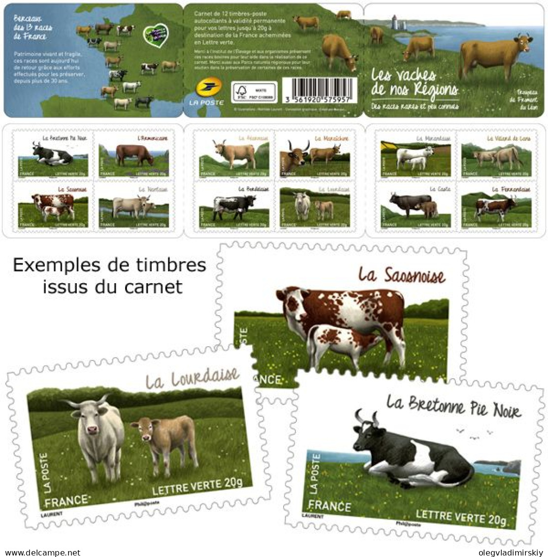 France 2014 Cows Breeds Set Of 12 Stamps In Booklet MNH - Mucche