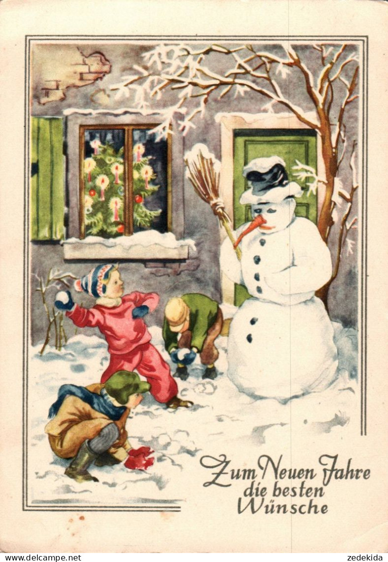 H2133 - Glückwunschkarte Neujahr - Kinder Winterlandschaft Schneemann Snowman - Verlag Thälmann DDR - Nouvel An