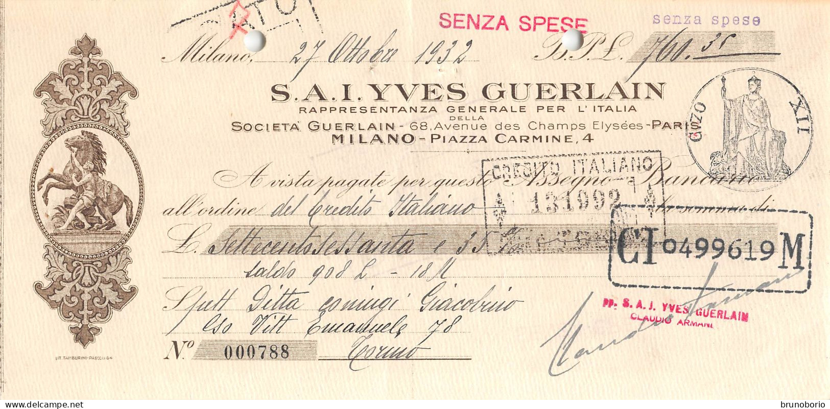 00156 "S.A.I. YVER GUERLAIN - PARIS - DITTA GIACOBINO . TORINO . CAMBIALE NR 000788 - MILANO 1932"  CAMBIALE ORIG - Bills Of Exchange