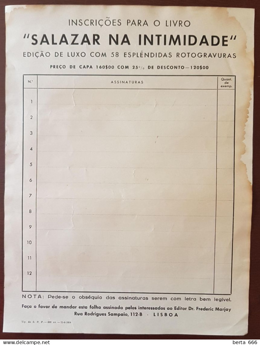 Poster *  Prof. António Oliveira Salazar * Inscrições Para O Livro "SALAZAR NA INTIMIDADE" 1954 - Plakate