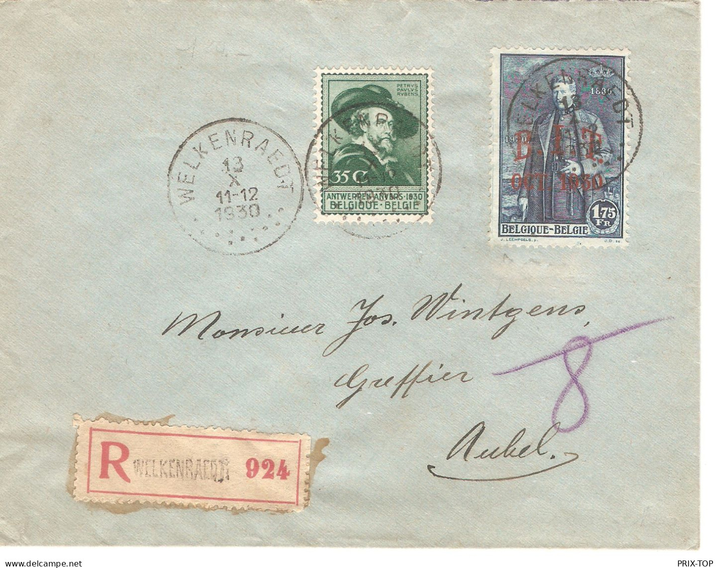 TP 300-307 Surcharge B.I.T. S/L. Recommandée Obl. Welkenraedt 13/10/1930 > Aubel Vignette LIEGE 1930 Expo Internationale - Covers & Documents