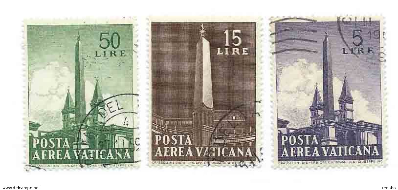Vaticano 1959; Posta Aerea : Obelischi : 5l. + 15l. + 50 L. Usati. - Posta Aerea