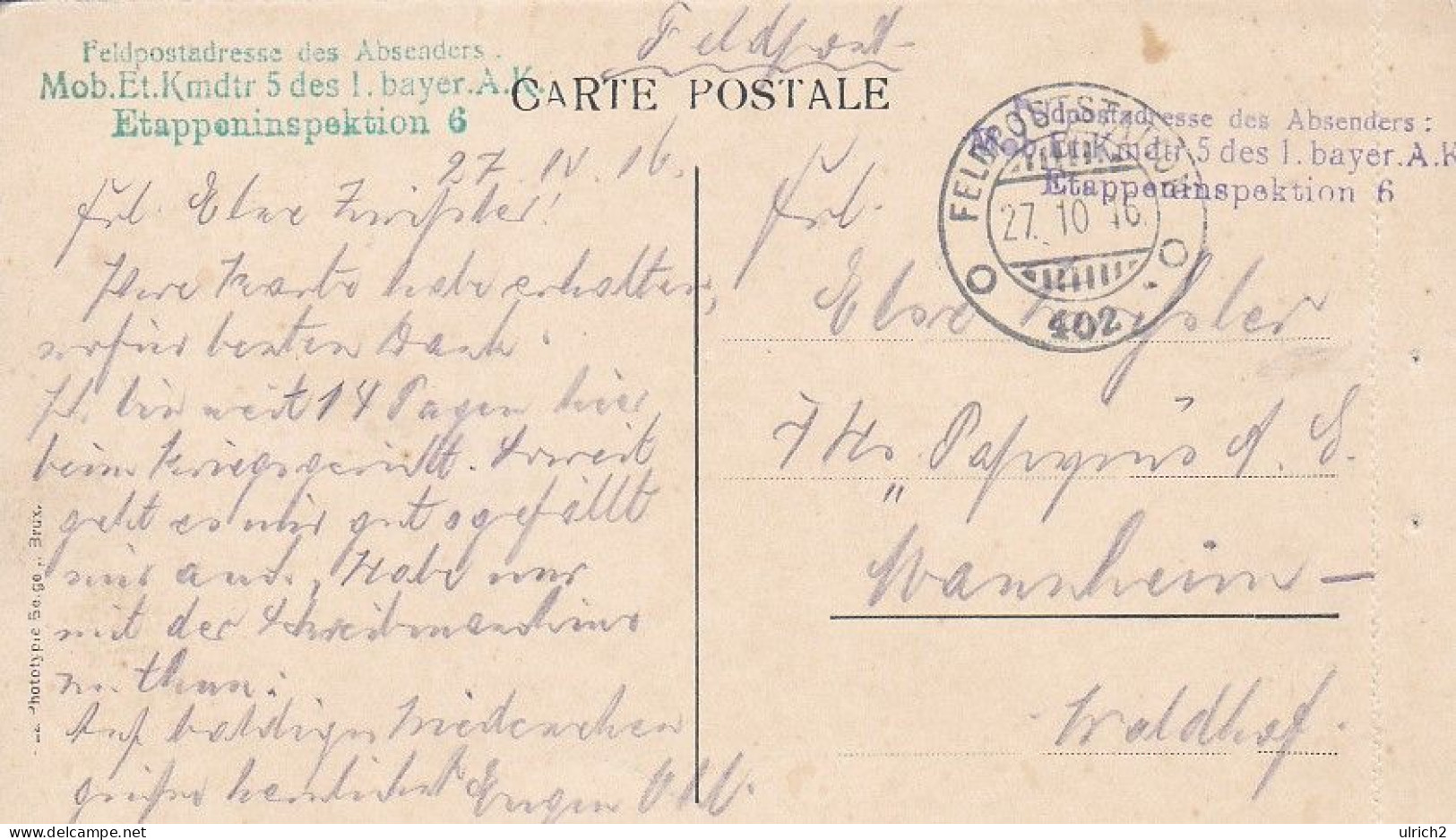 AK Tournai - La Gare - Feldpost Mob. ET. Kmdtr. 5 Des 1. Bayer. A.K. - 1916 (69246) - Doornik