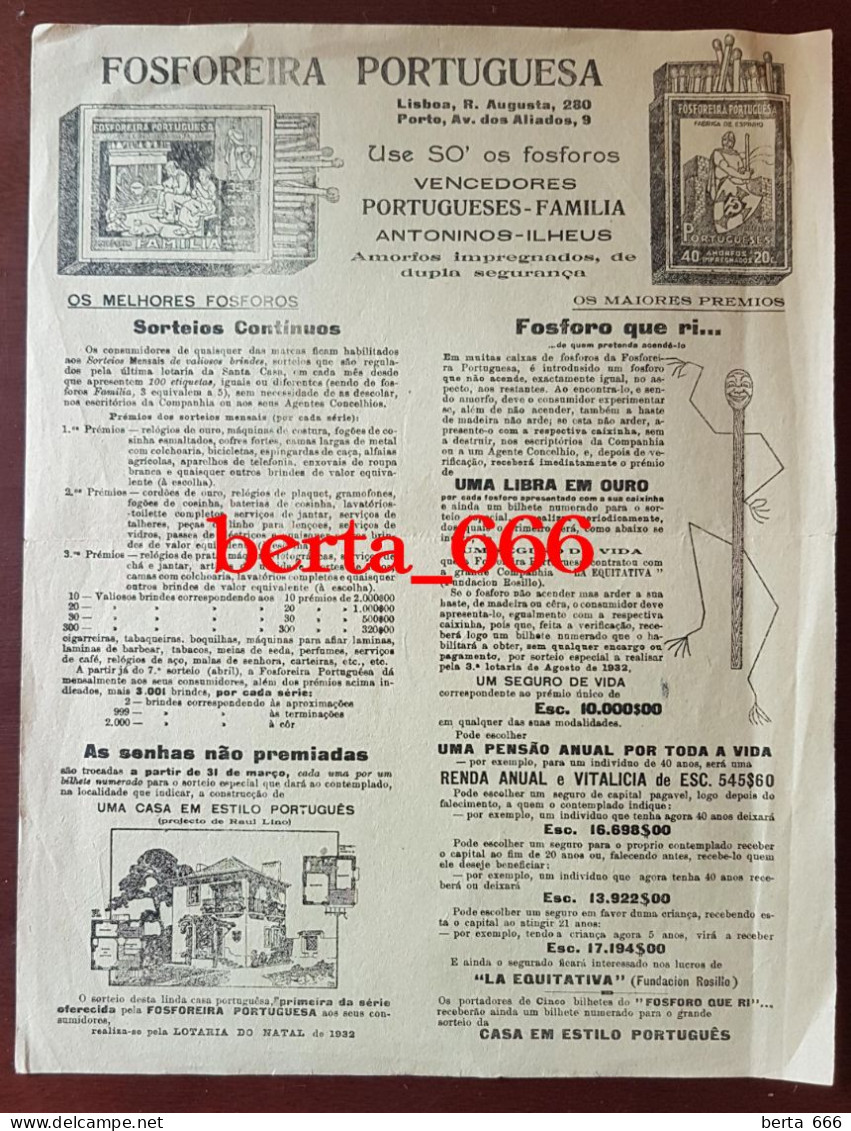 Panfleto Publicitário  30 X 23 Cm * Fosforeira Portuguesa * Sorteio Lotaria De Natal * 1932 - Plakate