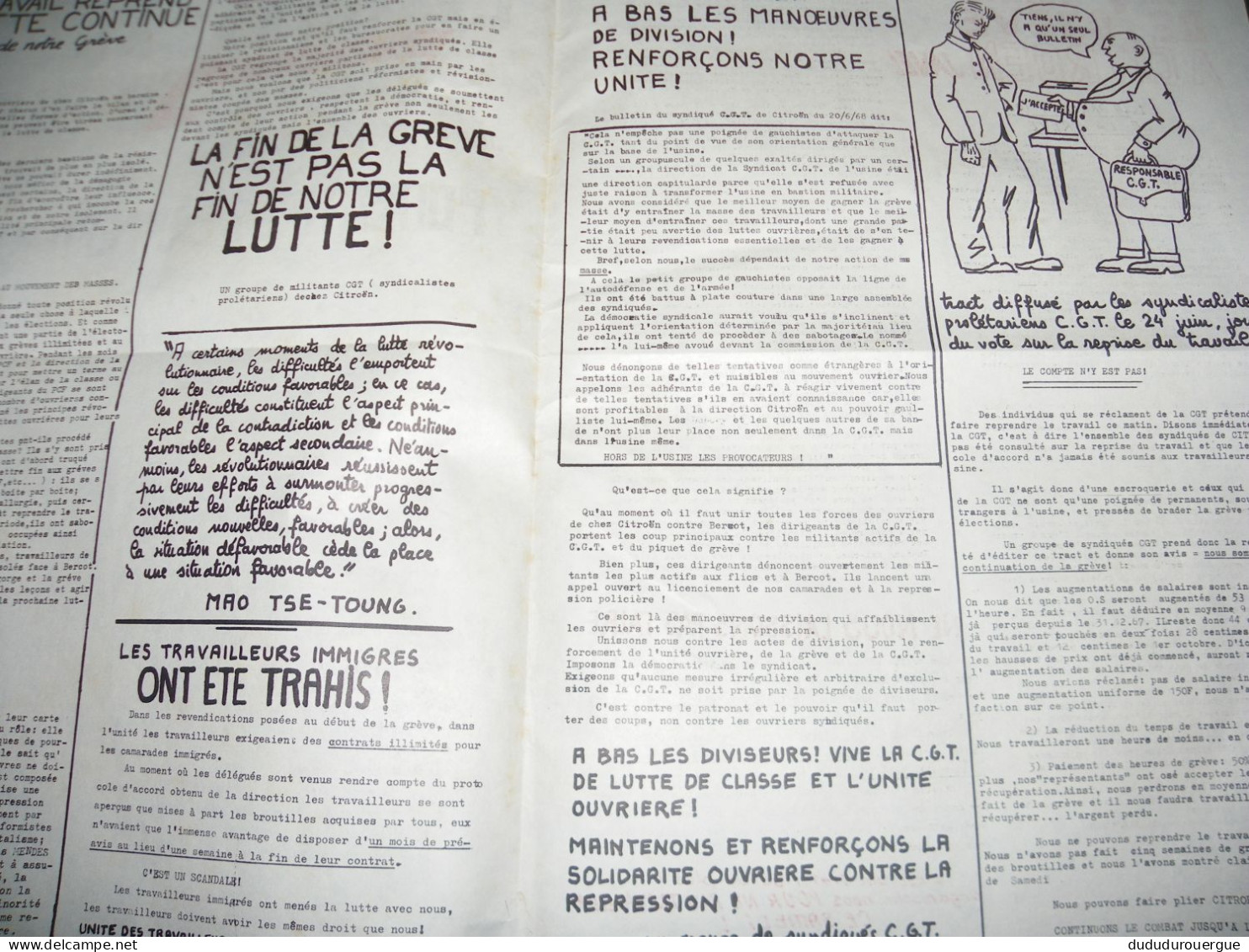 " LE DRAPEAU ROUGE " JOURNAL DES SYNDICALISTES PROLETARIENS CGT DE CITROEN  : LE N 1 DU 26 JUIN 1968 - 1950 à Nos Jours