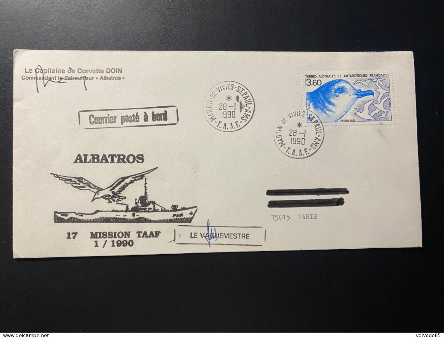 Lettre "TAAF" - 28/01/1990 - 142 - TAAF - Saint Paul - Oiseaux  - Pétrel Bleu - Patrouilleur Albatros - Storia Postale