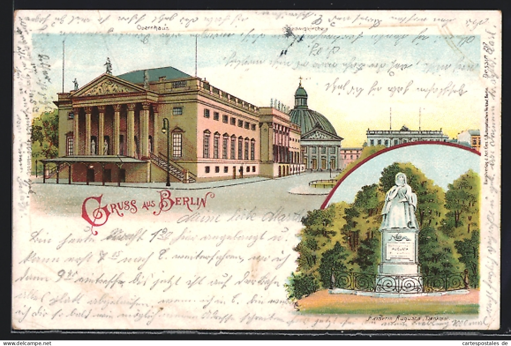 Lithographie Berlin, Opernhaus, Ludwigkirche, Kaiserin-Augusta-Denkmal  - Mitte
