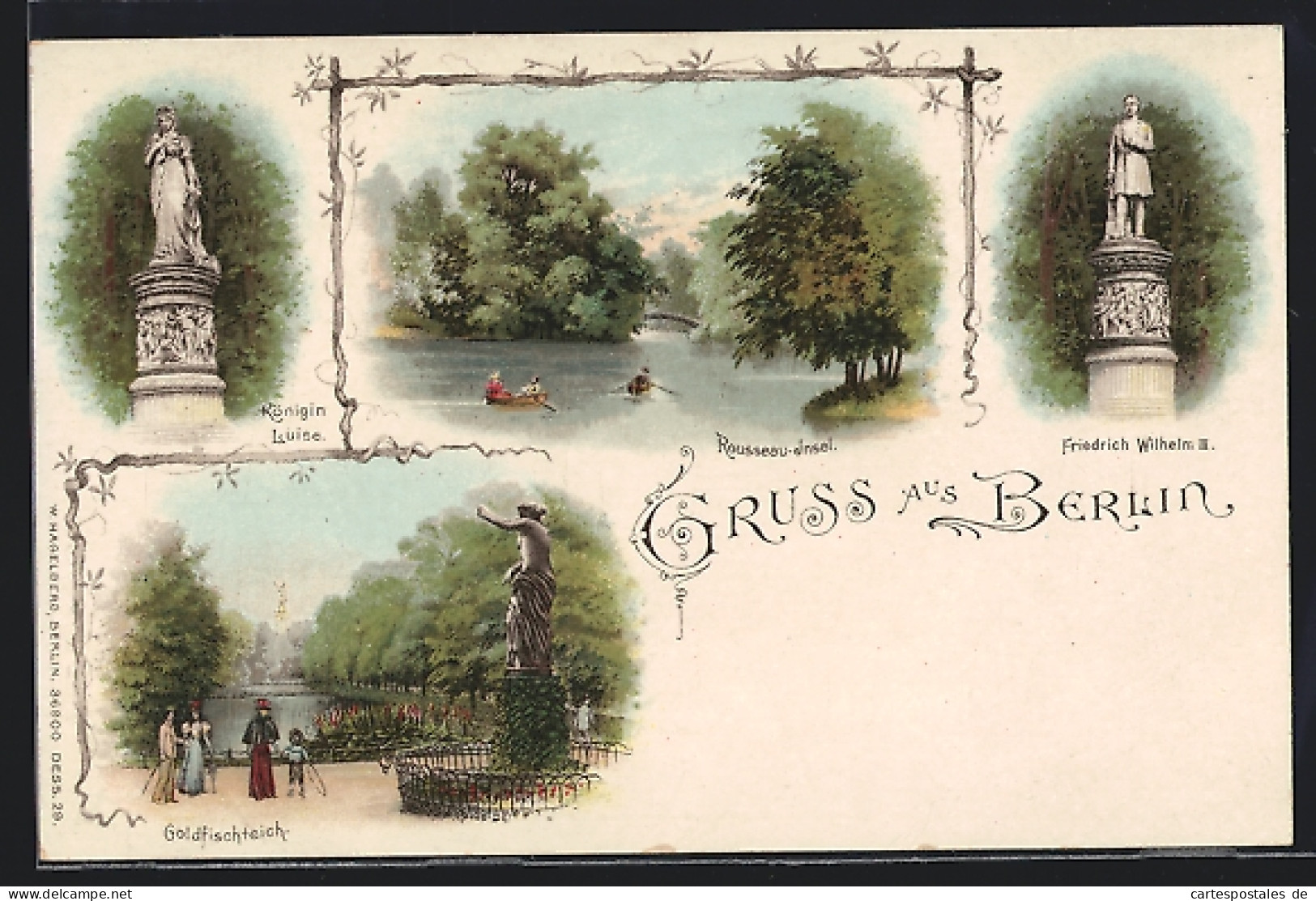 Lithographie Berlin-Tiergarten, Königin Louise-Denkmal, Friedrich Wilhelm III.-Denkmal, Rousseau-Insel, Goldfischteich  - Tiergarten