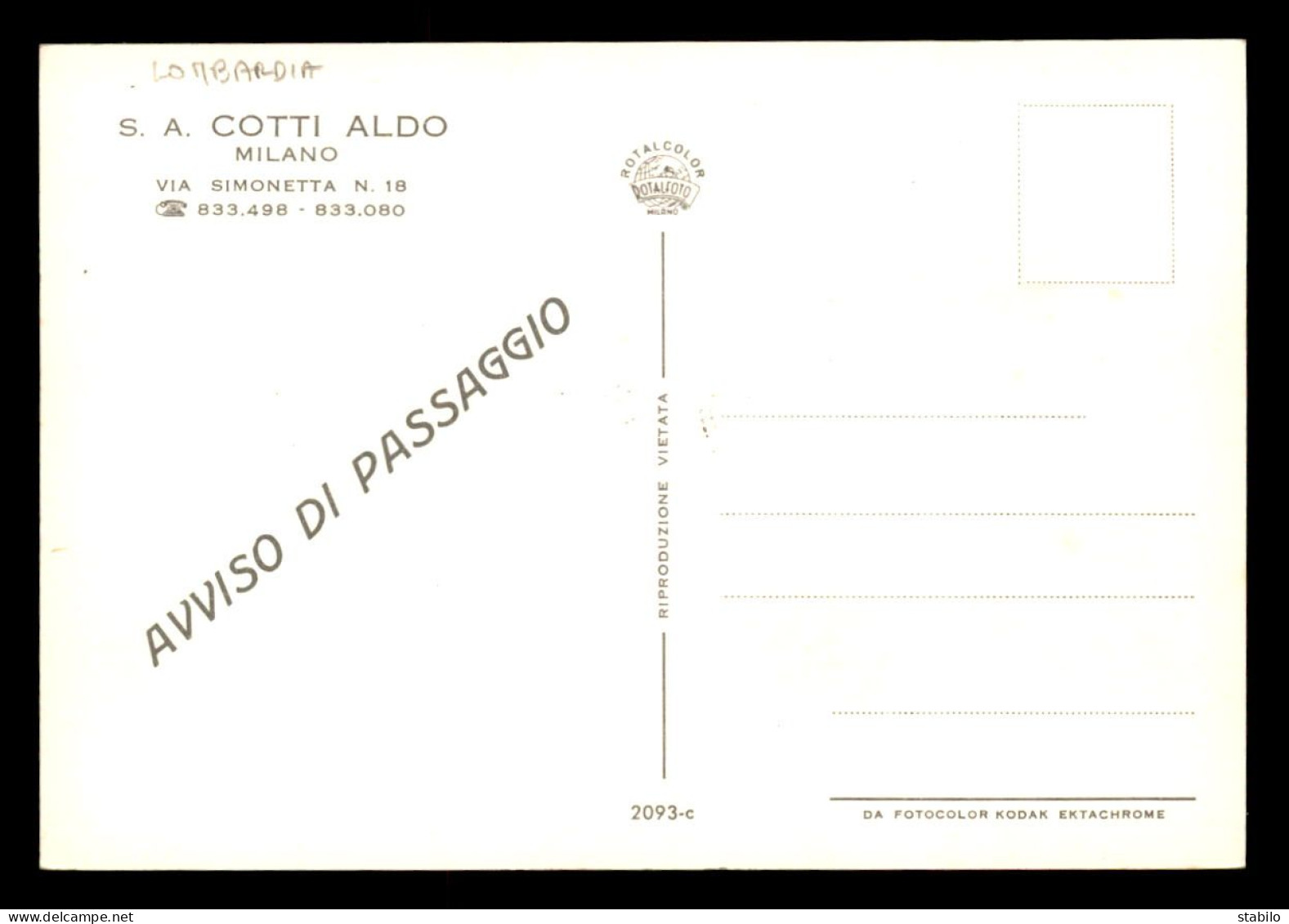 ITALIE - MILANO - A. COTTI ALDO, VIA SIMONETTA - AVVISO DI PASSAGGIO - Milano (Mailand)