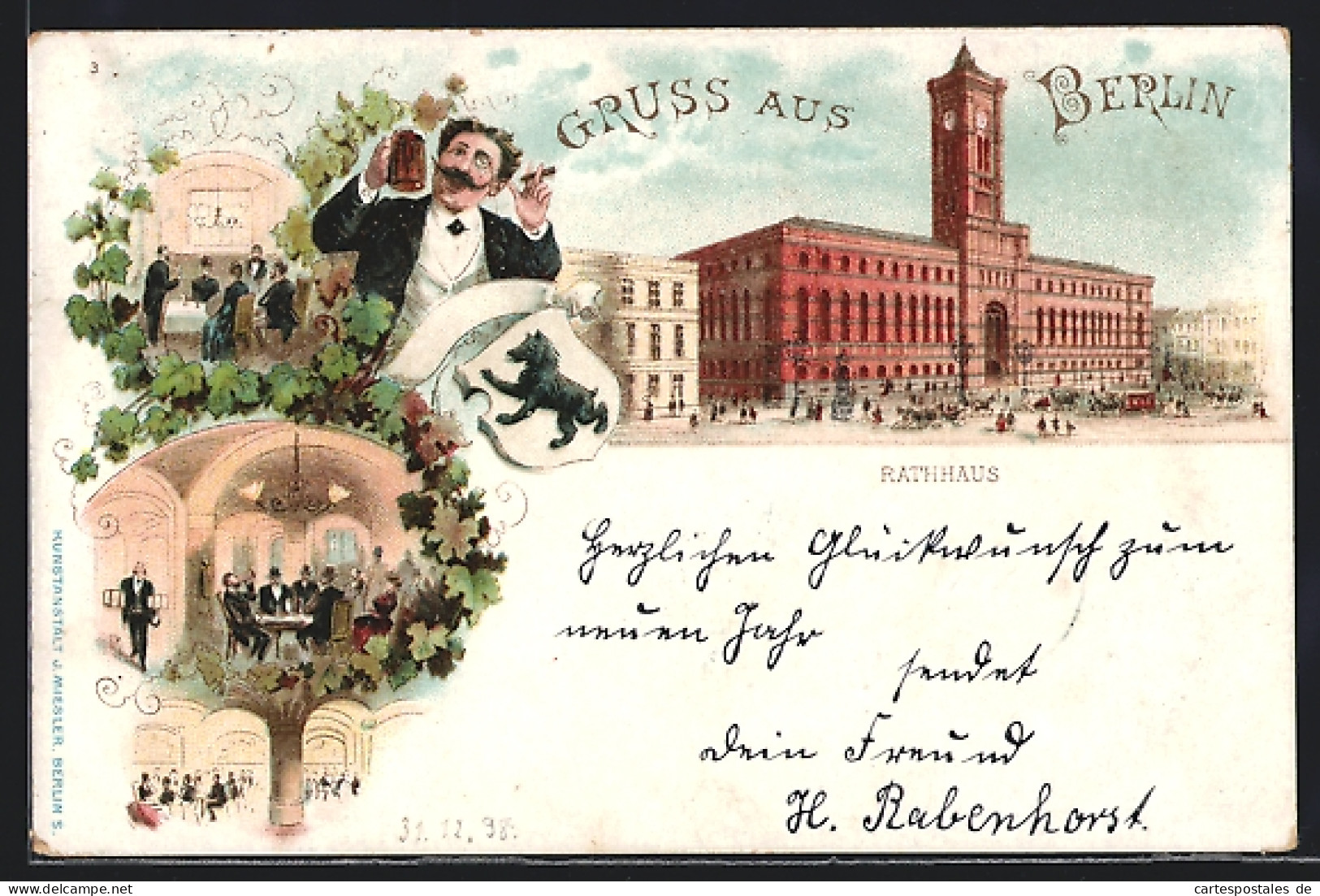 Lithographie Berlin, Gasthaus Im Roten Rathaus, Wappen Mit Bär, Königstrasse  - Mitte