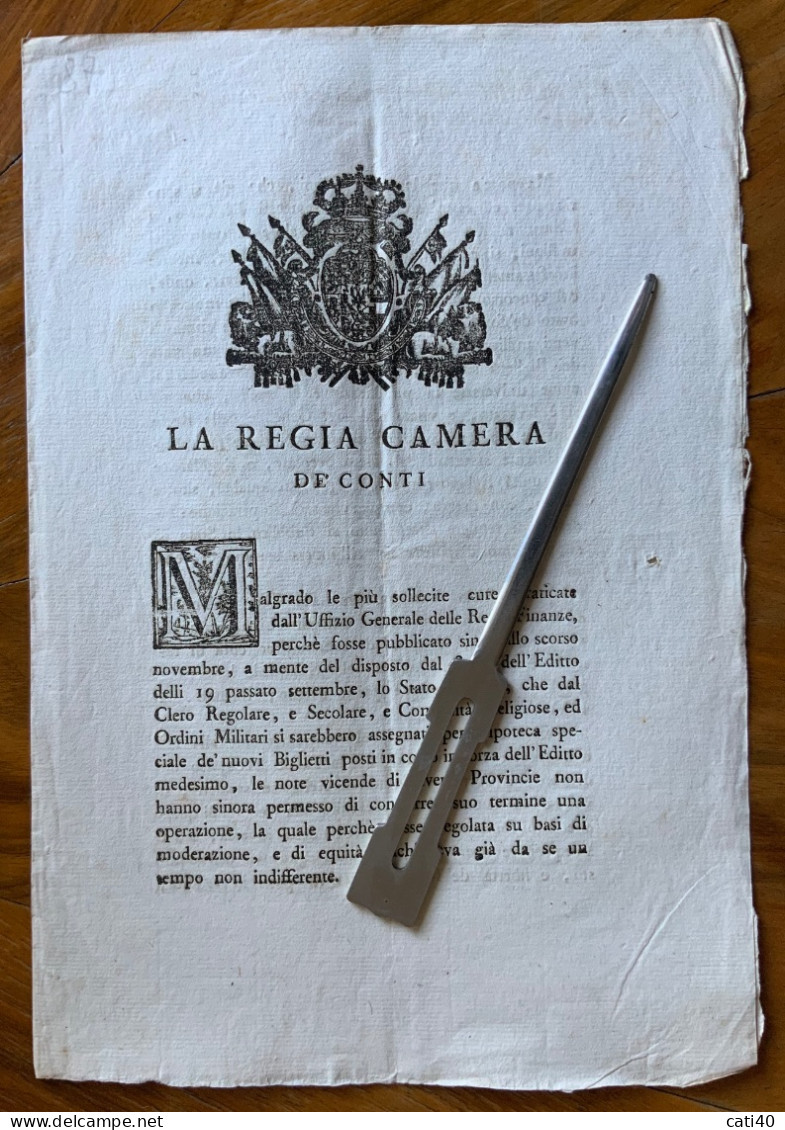 REGNO DI SARDEGNA - REGIA CAMERA DE'CONTI - (4pag) "..sarebbero Assegnati PER L'IPOTECA DE'NUOVI BIGLIETTI.."TO-3/2/1800 - Historische Documenten