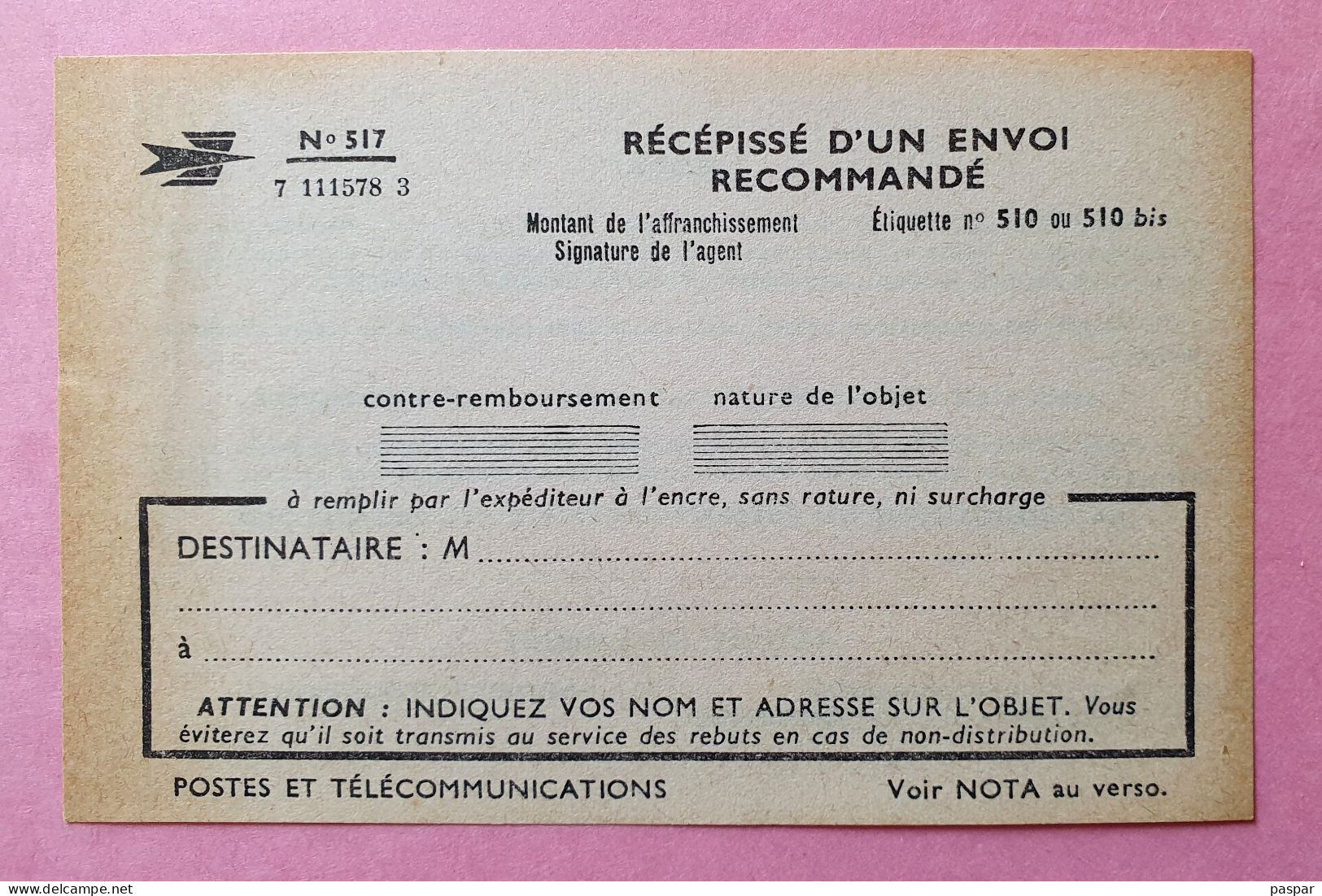 Imprimé De Récépissé D'un Envoi Recommandé N° 517 - Documents De La Poste